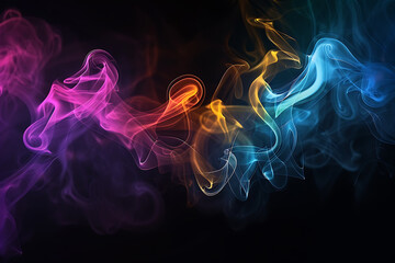 Obraz premium Floating smoke-like shapes in various colors on a black background, creating an ethereal and mesmerizing visual effect.