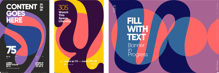 A set of contemporary posters featuring customizable text areas, bold colors, and abstract shapes. Perfect for modern promotional materials, these designs are ideal for exhibitions.