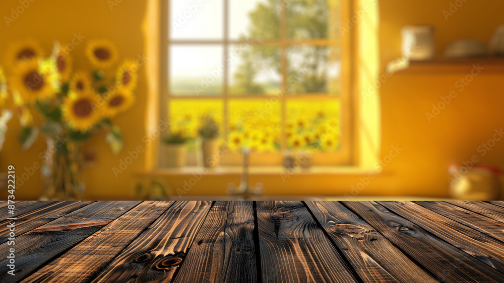 Poster empty wood table top with blur background of window with home garden view. the table giving copy spa