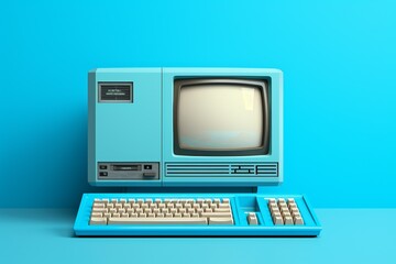 Vintage blue computer with CRT monitor and matching keyboard on a blue background, showcasing retro design and technology from a past era.