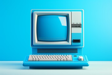 Fototapeta premium A retro blue computer with a built-in monitor, keyboard, and mouse placed on a matching desk against a blue background.