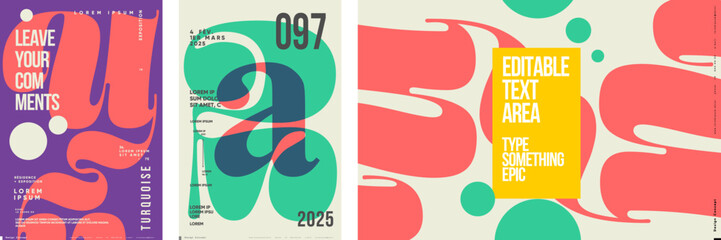 A collection of vibrant posters featuring customizable text areas and abstract designs. Ideal for modern exhibitions, banners, and media backgrounds, these posters use bold colors and fluid shapes.