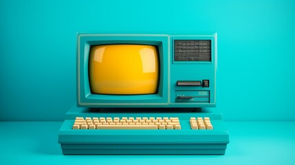 A vintage retro computer with a yellow screen and blue body, showcasing nostalgic technology design from the past.