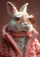 Stylish Bunny in Pink with Round Sunglasses - Adorable bunny wearing a pink jacket and round sunglasses, accessorized with chic necklaces, perfect for fashionable and quirky designs.