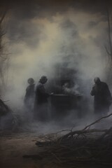 Obraz premium A group of hooded figures stands before a dark, mystical structure surrounded by dense fog in a haunting, eerie forest.