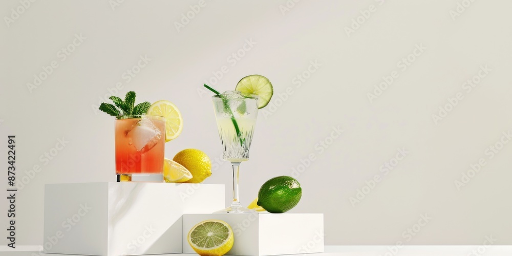Poster a glass of lemonade sits on a table next to a glass of sparkling water. the table is set up in a way