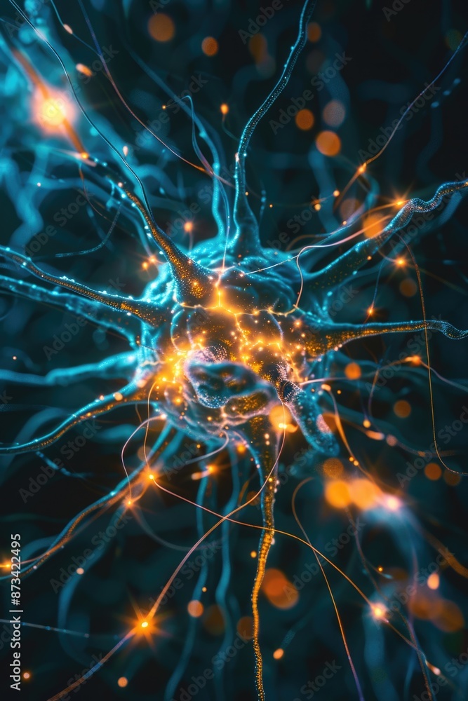Aufkleber a close up of a brain with blue and orange strands. the image is a representation of the brain's neu