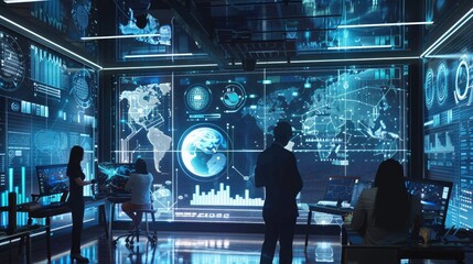 Silhouettes of people working in a futuristic control room filled with data visualizations and a large screen displaying a globe.