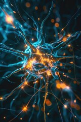 A close up of a brain with blue and orange strands. The image is a representation of the brain's neural network