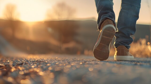 Lone walker on a rural dirt path amid a stunning sunset landscape