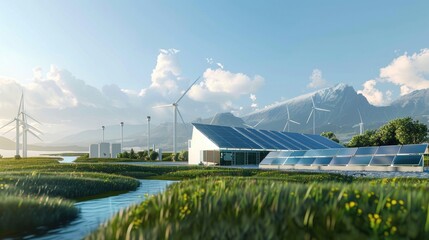 Sustainable energy facility with wind turbines, solar panels, and a green landscape.