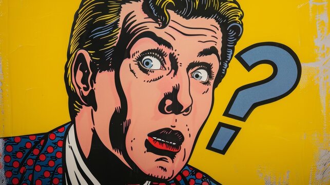 Shocked businessman looking at big question mark in pop art style
