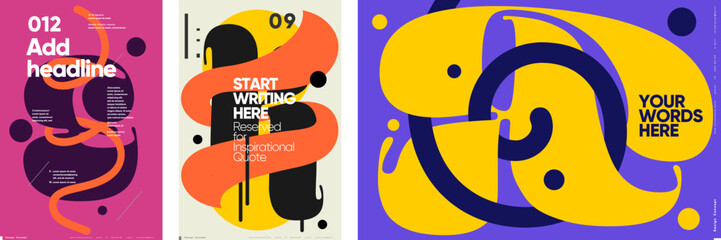 A vibrant poster set with customizable headlines and text areas, ideal for modern marketing campaigns. These designs feature bold colors and abstract shapes, perfect for exhibitions.