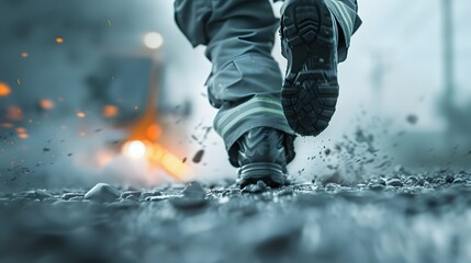 Urgent Rescue Worker in Mid-Stride on Blurred Outdoor Terrain