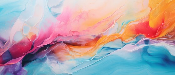 A captivating abstract painting with flowing, colorful swirls of pink, orange, and blue, suggesting a fluid, dynamic movement.