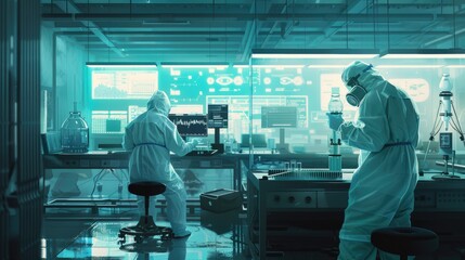 Two scientists in protective suits work in a laboratory, focused on their research.