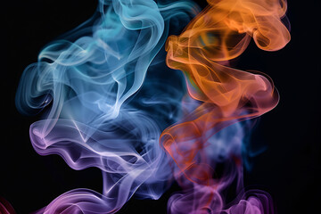 Obraz premium Floating smoke-like shapes in various colors on a black background, creating an ethereal and mesmerizing visual effect.