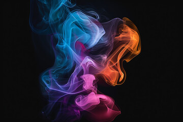 Floating smoke-like shapes in various colors on a black background, creating an ethereal and mesmerizing visual effect.