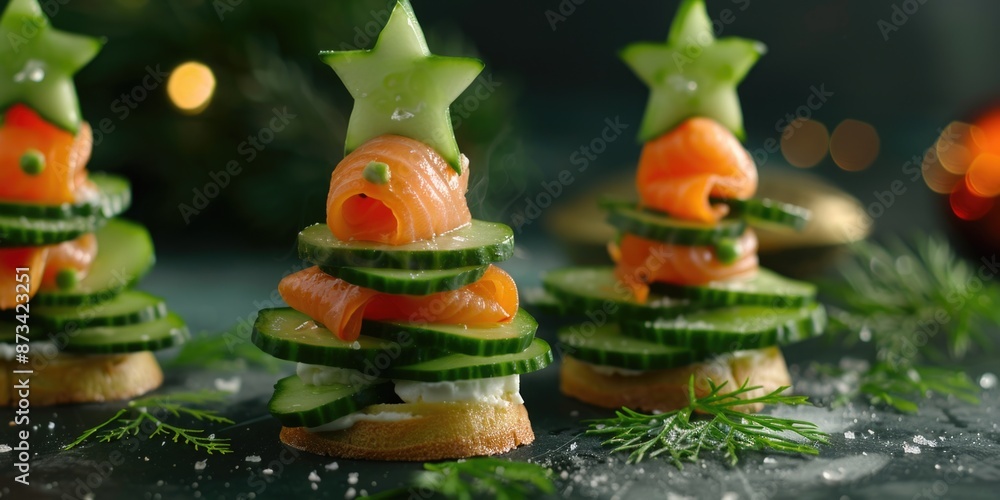Poster three cucumber trees with carrots on top. the cucumbers are stacked on top of each other, and the ca