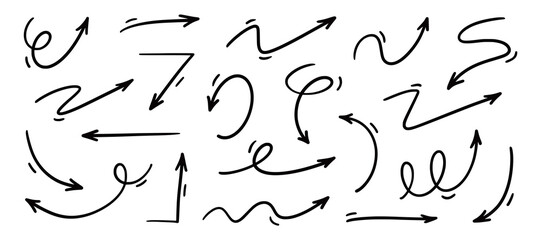 Arrow vector hand drawn sketch icon set. Doodle sketch hand drawn black direction element set. Pencil doodle line graphic design elements. Left, right, growth direction arrow. Vector illustration