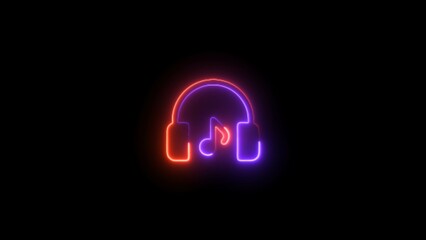  Glowing neon lights headphones animation footage, colorful music notes and sound wave, dark brick wall background, glowing signboard, music concept