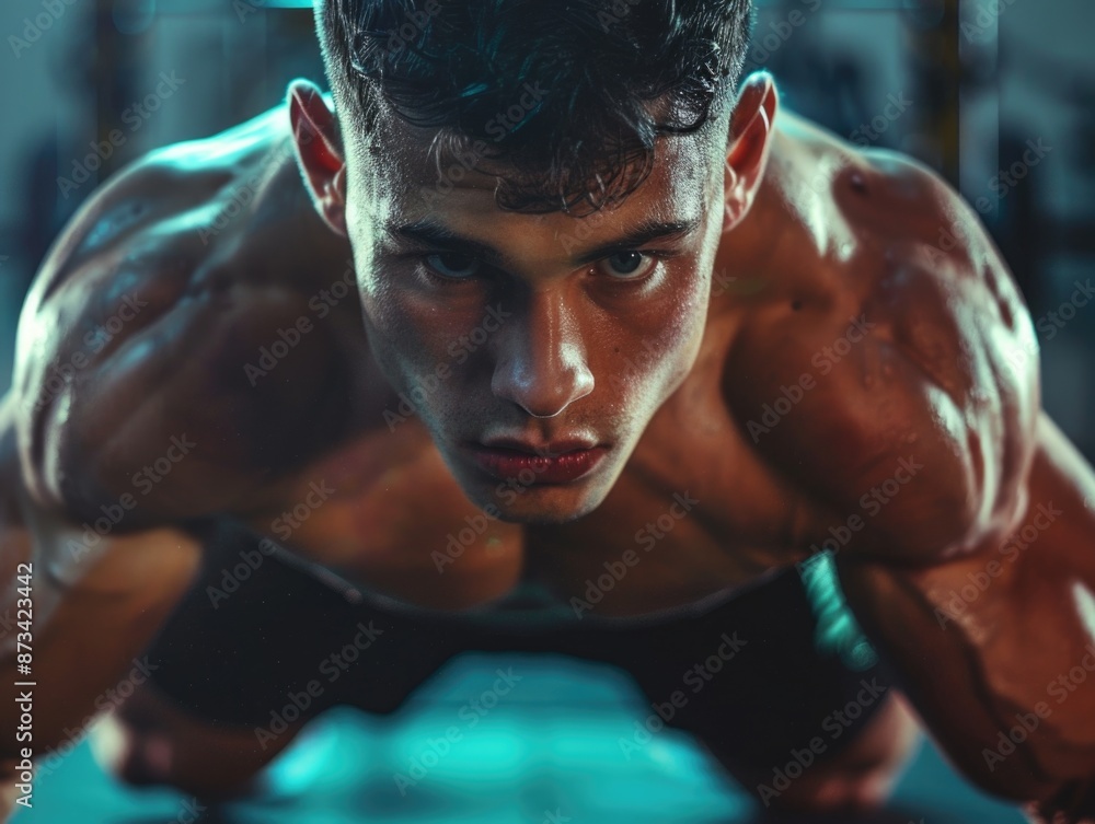 Poster a man with a muscular build is doing a push up. he has a serious expression on his face