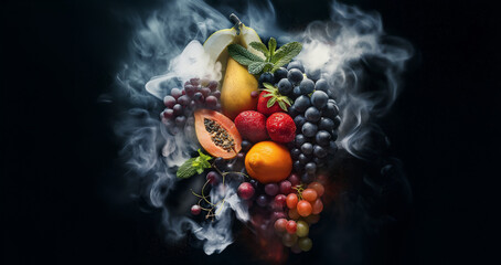 Vaping and tropical fruit. Fruit flavors for electronic cigarettes. Concentrated aroma, nicotine, sweet essence. Image for banners, commercials, advertising.