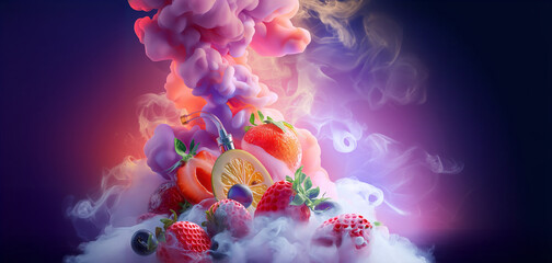 Vaping and tropical fruit. Fruit flavors for electronic cigarettes. Concentrated aroma, nicotine, sweet essence. Image for banners, commercials, advertising.