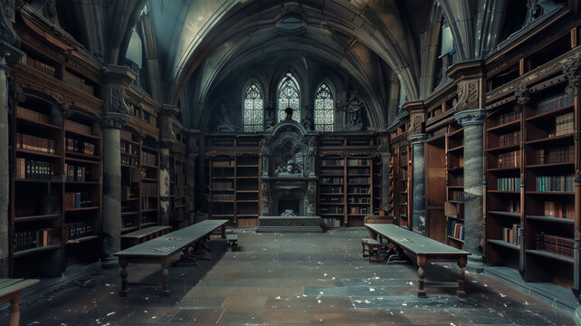 Abandoned old library with dusty bookshelves, scattered books on the table, faded paintings on the walls, a worn-out carpet on the floor, and dim lamps creating a gloomy atmosphere of neglect. 
