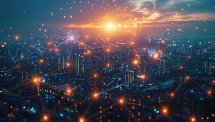 Fototapeta premium Cityscape at Dusk with Network Connections