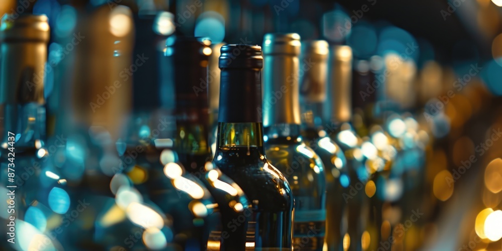 Poster a row of wine bottles with a blue background. the bottles are of different colors and sizes
