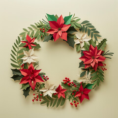 Christmas wreath background in a paper-cut out style