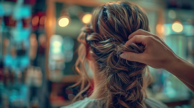 Hairstylist braiding client's hair in a trendy beauty salon.