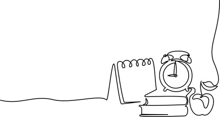 Apple, books, alarm clocks and globe. Education and study learning