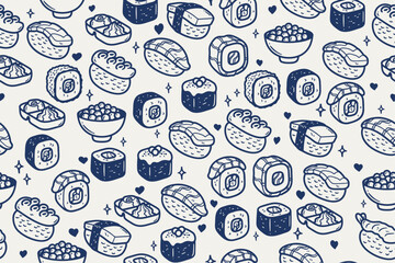 Japanese cuisine - seamless pattern. Vector seamless pattern of sushi and rolls.