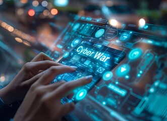 Close-up of a cyber warrior's hand using a holographic screen to fight in cyber warfare. generative ai