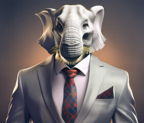 Elephant-Inspired Animal Face on Human Body in Suit
