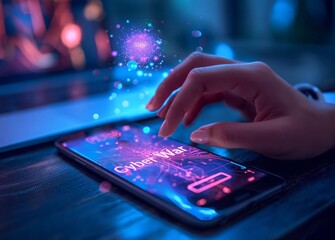 Close-up of a cyber warrior's hand using a holographic screen on a phone to fight in the cyber war. generative ai