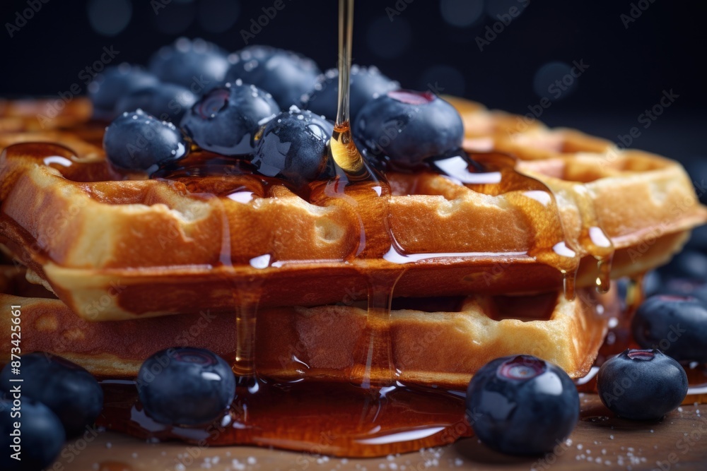 Poster a stack of waffles with syrup and blueberries on top. the syrup is dripping down the waffles, creati