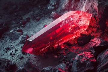 Brilliant red crystal glows amidst a shadowy rocky landscape, conjuring a sense of hidden treasure