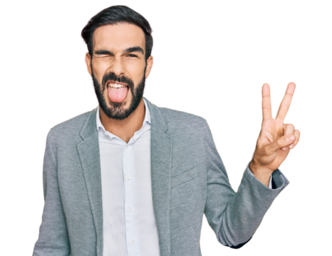 Young hispanic man wearing business clothes smiling with happy face winking at the camera doing victory sign with fingers. number two.