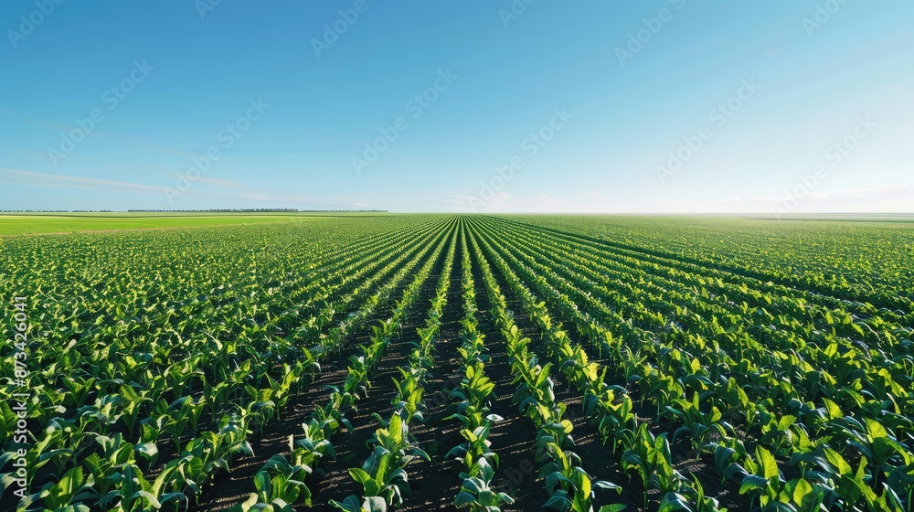 Poster a pattern of dense crops forming a straight line graph showing continuous growth, on a sunny field u
