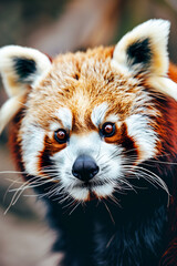 Close up of a red panda's face with detailed fur