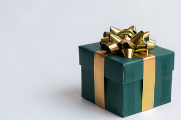 Green gift box wrapped with gold bow and ribbon isolated on white background