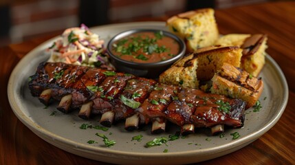 Mouth-watering BBQ pork ribs served with a side of coleslaw, cornbread, and dipping sauce on a stylish gray plate with wooden backdrop