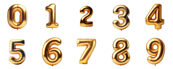 3D Render of Golden inflatable foil baloons set. Bright party decoration figures. Yellow numbers isolated on white background.	