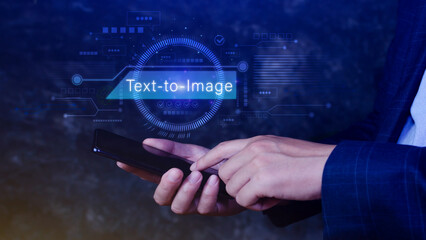 Ai tech Text to image, virtual graphic with AI, Artificial Intelligence, using command prompt for generates something, Futuristic technology transformation.