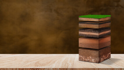 Isometric Soil Layers diagram, Cross section of green grass and underground soil layers beneath, stratum of organic, minerals, sand, clay, Isometric soil layers for background.