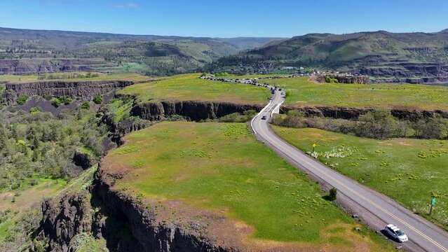 Rowena Crest, just west of The Dalles, Oregon, is a popular spot on the Historic Columbia River Highway during the wildflower blooms every springtime.