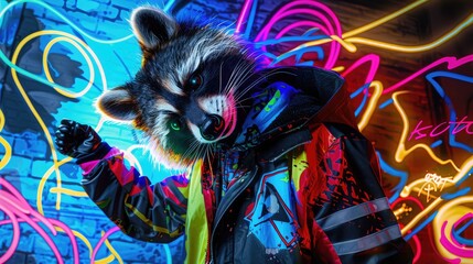 A raccoon-faced person in urban streetwear, posed with digital glitch effects, neon graffiti patterns, and abstract swirls in a collage.
